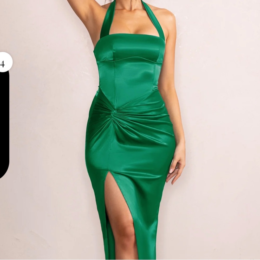 Bottle Green Satin Halter Neck Knot Maxi Dress designed by Club London Size US 6
